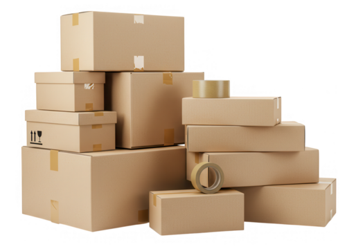 A stack of various sized brown cardboard boxes and rolls of packing tape isolated on transparent background