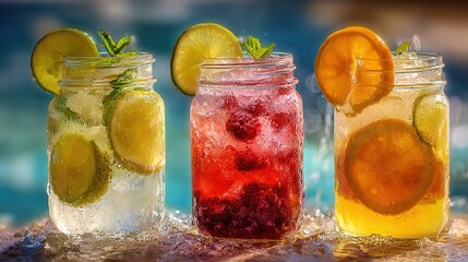 Refreshing iced drinks summer beverages healthy fruit citrus. High quality
