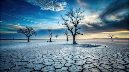 Silhouetted trees stand in stark contrast against a cracked, arid landscape under a dramatic, colorful sky at sunset, evoking a sense of resilience and the enduring power of nature.