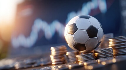 Dividend stocks, Investing. A soccer ball rests on a stack of coins with a financial chart in the background.