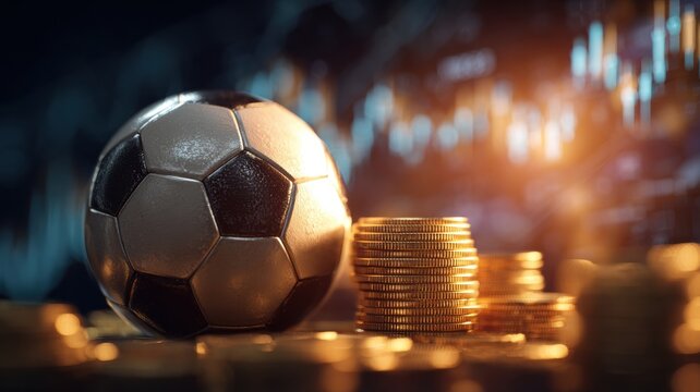 Dividend stocks, Investing. Soccer ball beside stacks of coins, symbolizing sports finance and investment. - Powered by Adobe
