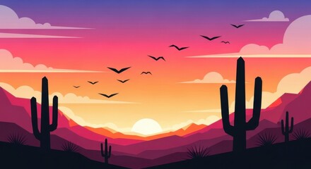 Vibrant desert sunset with silhouetted cacti and flying birds