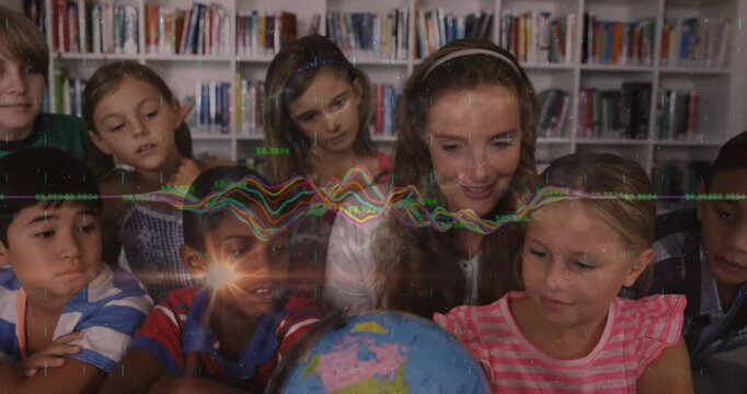 Teacher spinning globe during lesson, data waveforms animating while children observing and nodding - Powered by Adobe