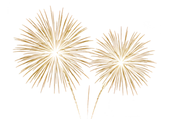 Two golden fireworks burst in a festive pyrotechnic display isolated on transparent background
