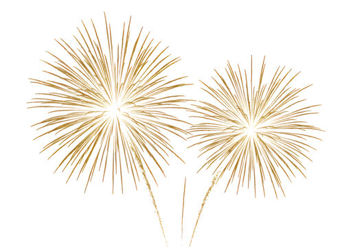 Two golden fireworks burst in a festive pyrotechnic display isolated on transparent background