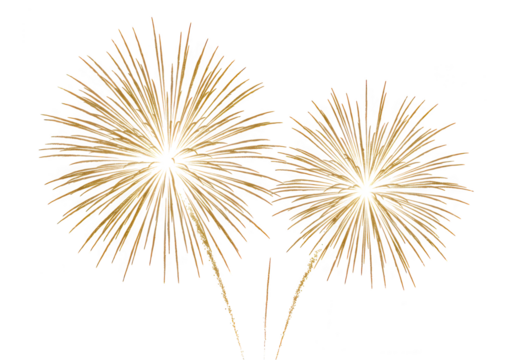 Two golden fireworks burst in a festive pyrotechnic display isolated on transparent background