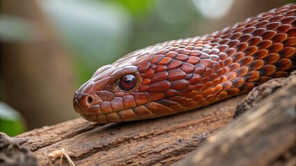 Fototapeta premium Close up of a red snake resting on a branch in the forest area