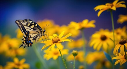 A beautiful butterfly rests on a vibrant yellow flower in a sunlit meadow with a soft blue background