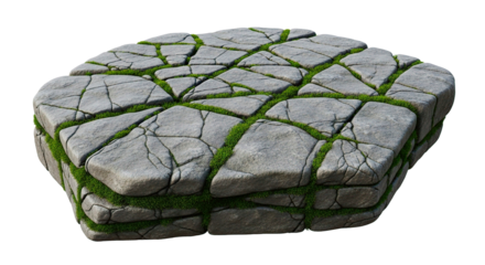 A detailed view of a unique stone platform featuring cracked stones and lush green moss.
