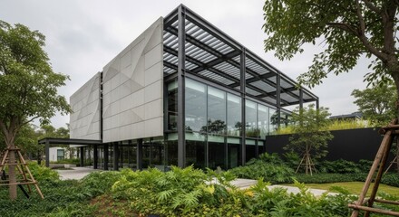 Obraz premium Modern Architectural Design Showcase of a Contemporary Building with Green Spaces and Lush Vegetation