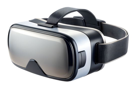 Sleek silver and black virtual reality headset with adjustable strap isolated on a transparent background