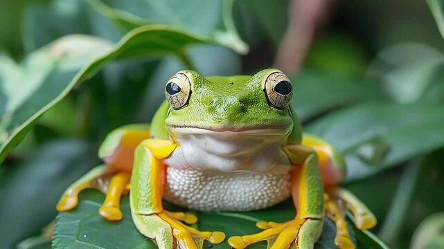 a green frog on a leaf footage