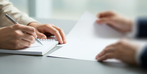 Hands signing a document on a table with another person's hands nearby.