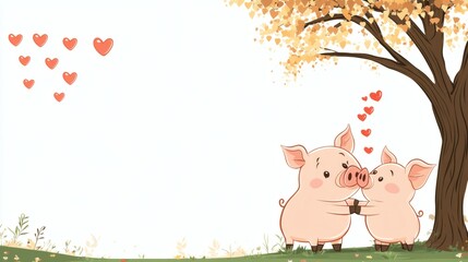 Two cute cartoon pigs expressing affection under a heart filled tree