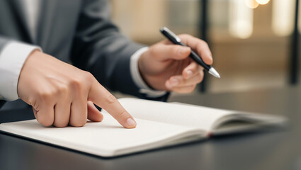 Person in suit points at open notebook with pen in hand on desk.