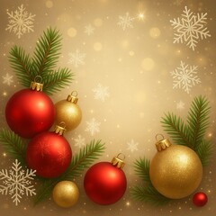 Christmas background with red and gold ornaments and snowflakes