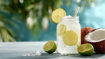 Fresh coconut water refreshing lemon limeade beverage with slice of lime tropical drink summer hydration healthy lifestyle natural ingredients organic refreshment. High quality
