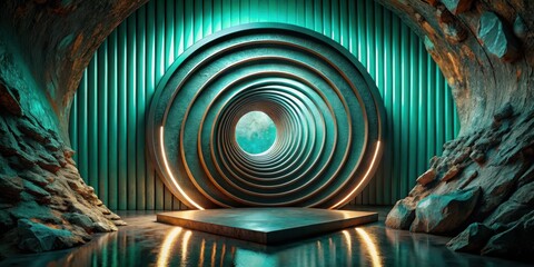 An Immersive Teal and Gold Circular Portal Within a Dramatic Rock Formation Setting