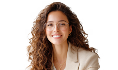 A smiling woman with curly hair and glasses wearing a beige blazer. posing confidently against a soft neutral background. ideal for professional and lifestyle imagery