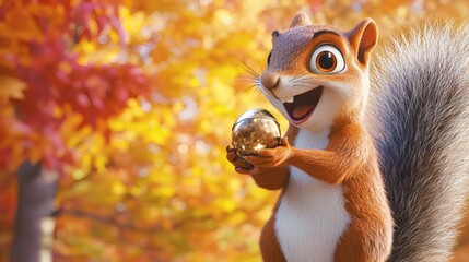 Obraz premium A happy cartoon squirrel holds a golden acorn in nature
