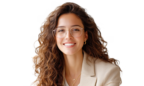 A smiling woman with curly hair and glasses wearing a beige blazer. posing confidently against a soft neutral background. ideal for professional and lifestyle imagery