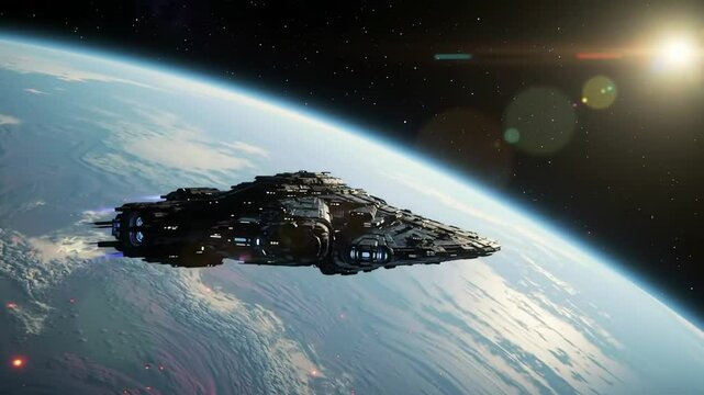 4K video of a spaceship approaching a glowing alien planet, realistic lens flare, high-detail textures on the spacecraft hull, soft starlight reflections, camera orbiting around the ship in zero gravi