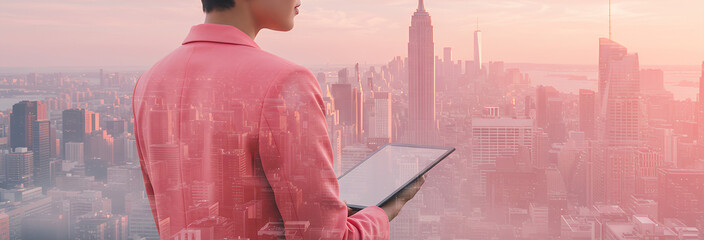 Person with tablet overlooking a city skyline at dusk or dawn.