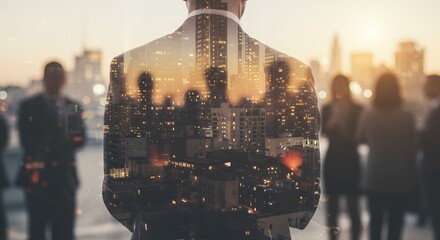 Business people stand with city skyline double exposure concept leadership and teamwork.