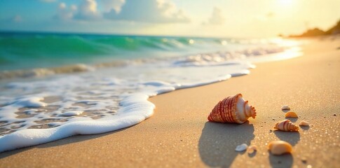 Golden Sunlight Bathes Pristine Sandy Beach, Gentle Waves Lap Tranquil Shore, Seashells Scattered, Idyllic Vacation Scene