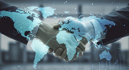 Two hands shaking overlaid with a world map in front of a cityscape.