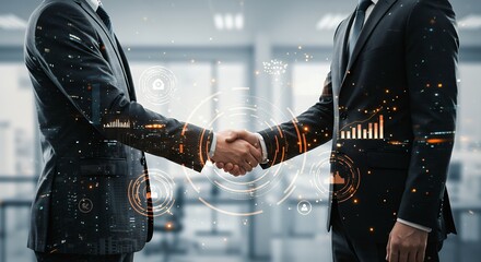 Two business people shaking hands with city skyline and graphs overlayed.