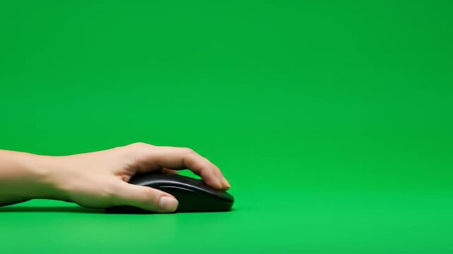 Hand holding computer mouse on green background