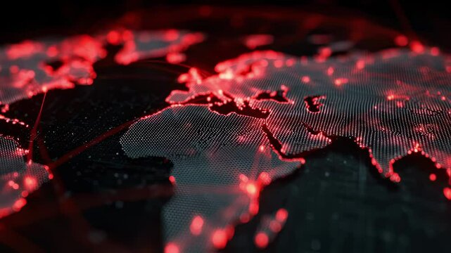 Red connecting lines are seen across a dark digital world map with glowing dots, suggesting a cyber attack or global threat