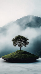  Lone Tree on Misty Hilltop with Majestic Mountain View &ndash; Tranquil and Enchanting Nature Landscape,