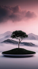 Lone Tree on Misty Hilltop with Majestic Mountain View &ndash; Tranquil and Enchanting Nature Landscape, 