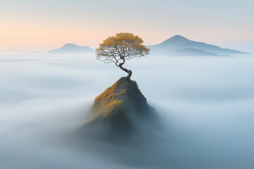  Lone Tree on Misty Hilltop with Majestic Mountain View &ndash; Tranquil and Enchanting Nature Landscape,