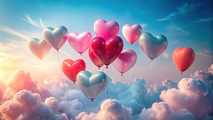 Heart-shaped balloons drift serenely amidst a breathtaking sunset sky, creating a dreamy, romantic atmosphere.