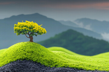  Lone Tree on Misty Hilltop with Majestic Mountain View &ndash; Tranquil and Enchanting Nature Landscape,