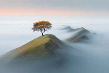  Lone Tree on Misty Hilltop with Majestic Mountain View &ndash; Tranquil and Enchanting Nature Landscape,