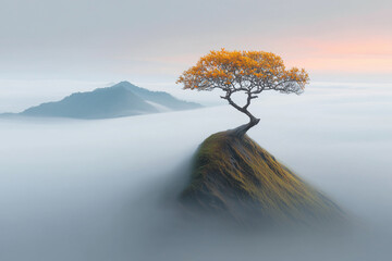  Lone Tree on Misty Hilltop with Majestic Mountain View &ndash; Tranquil and Enchanting Nature Landscape,