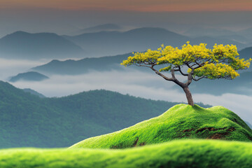  Lone Tree on Misty Hilltop with Majestic Mountain View &ndash; Tranquil and Enchanting Nature Landscape,