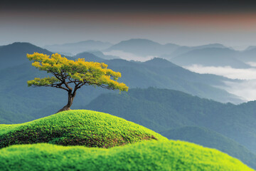  Lone Tree on Misty Hilltop with Majestic Mountain View &ndash; Tranquil and Enchanting Nature Landscape,