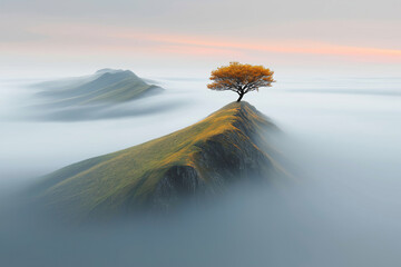  Lone Tree on Misty Hilltop with Majestic Mountain View &ndash; Tranquil and Enchanting Nature Landscape,