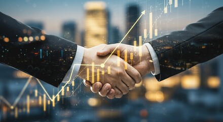 Two people shaking hands with a cityscape and financial chart overlay.