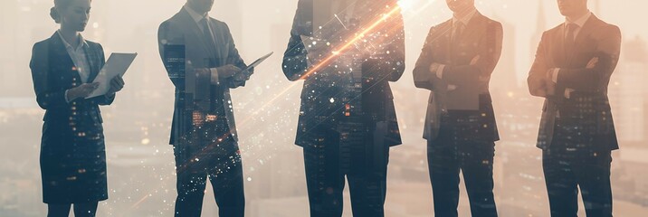 Silhouetted business people stand together in a row with a blurred background.