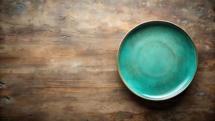 Empty teal ceramic plate on rustic wooden table background, perfect for menu design or culinary presentation.