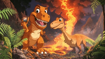 Naklejka premium Two cartoon dinosaurs take a picture near a volcanic eruption