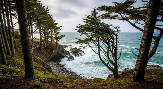 Coastal forest view with crashing waves against rocks on a cloudy day near the pacific ocean shore line