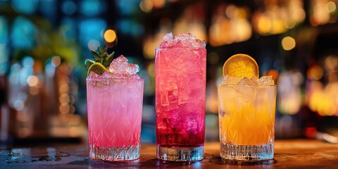 Pink summer cocktails in a bar setting refreshing drinks summer vibes vibrant colors ice sweet party drinks. High quality