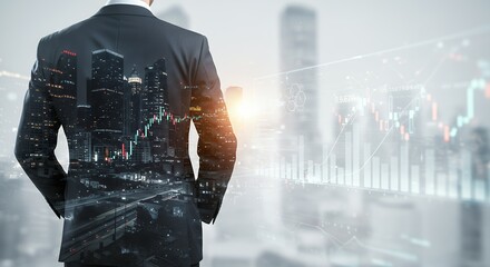 Businessman back view with cityscape and financial graph overlay business concept.